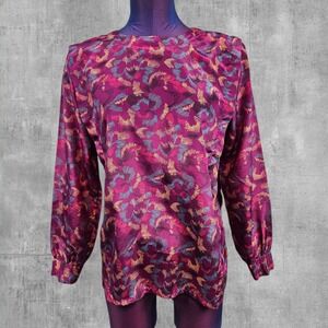 Jaclyn Smith Vintage Abstract Print Blouse Fuchsia Long Sleeve Size 6 Satin D75